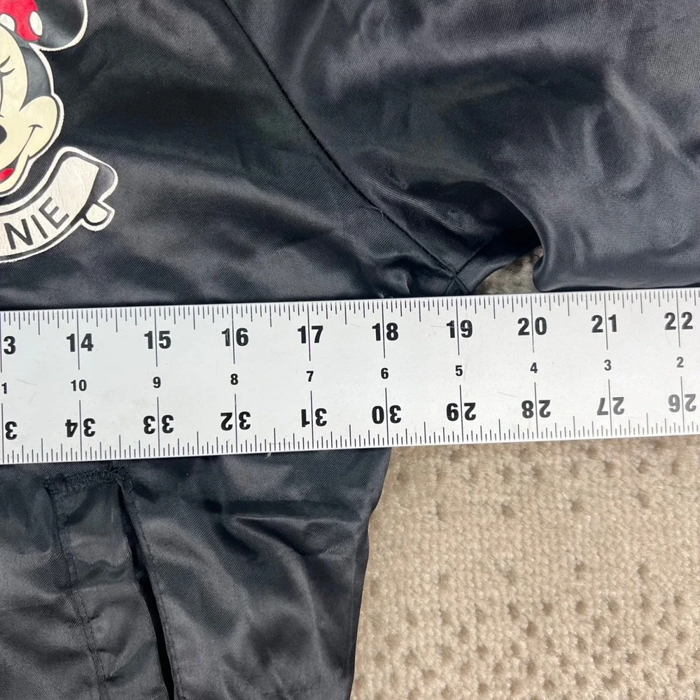 Vintage Chalk Line Minnie Mouse Disney Black Satin Bomber Jacket Kids 14/16 80s